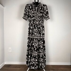 Max Studio London Floral Boho Maxi Dress Black White Smocked Waist Size M